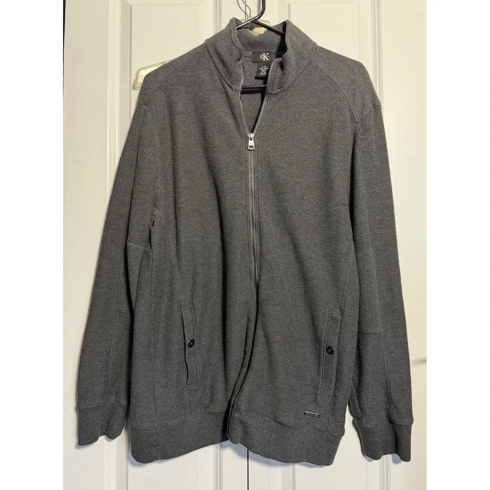 Calvin Klein Full Zip Sweater Mens Large Grey Excellent 100% Cotton Mock Neck